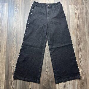 Entro Wide Leg Barrel Denim Women’s Medium Black Pearl Embellishment High Waist